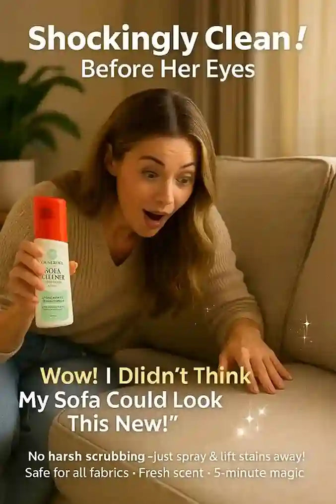 Woman on a couch holding a cleaning product with text about its effectiveness.