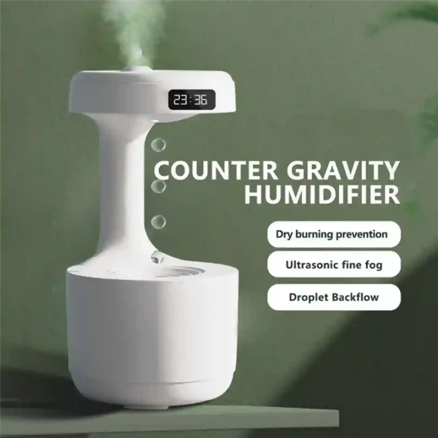 Counter gravity humidifier with digital display on a green background