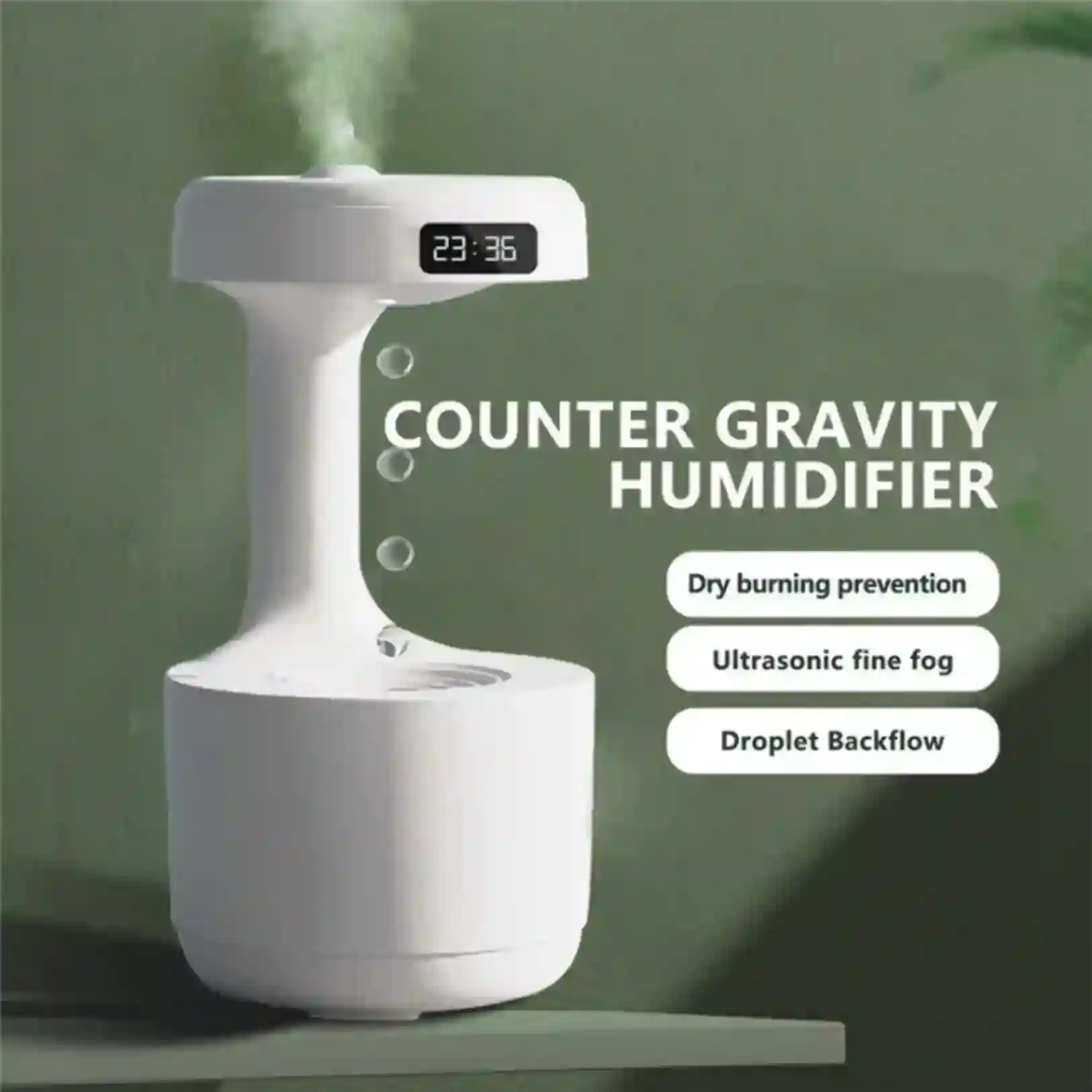 Counter gravity humidifier with digital display on a green background