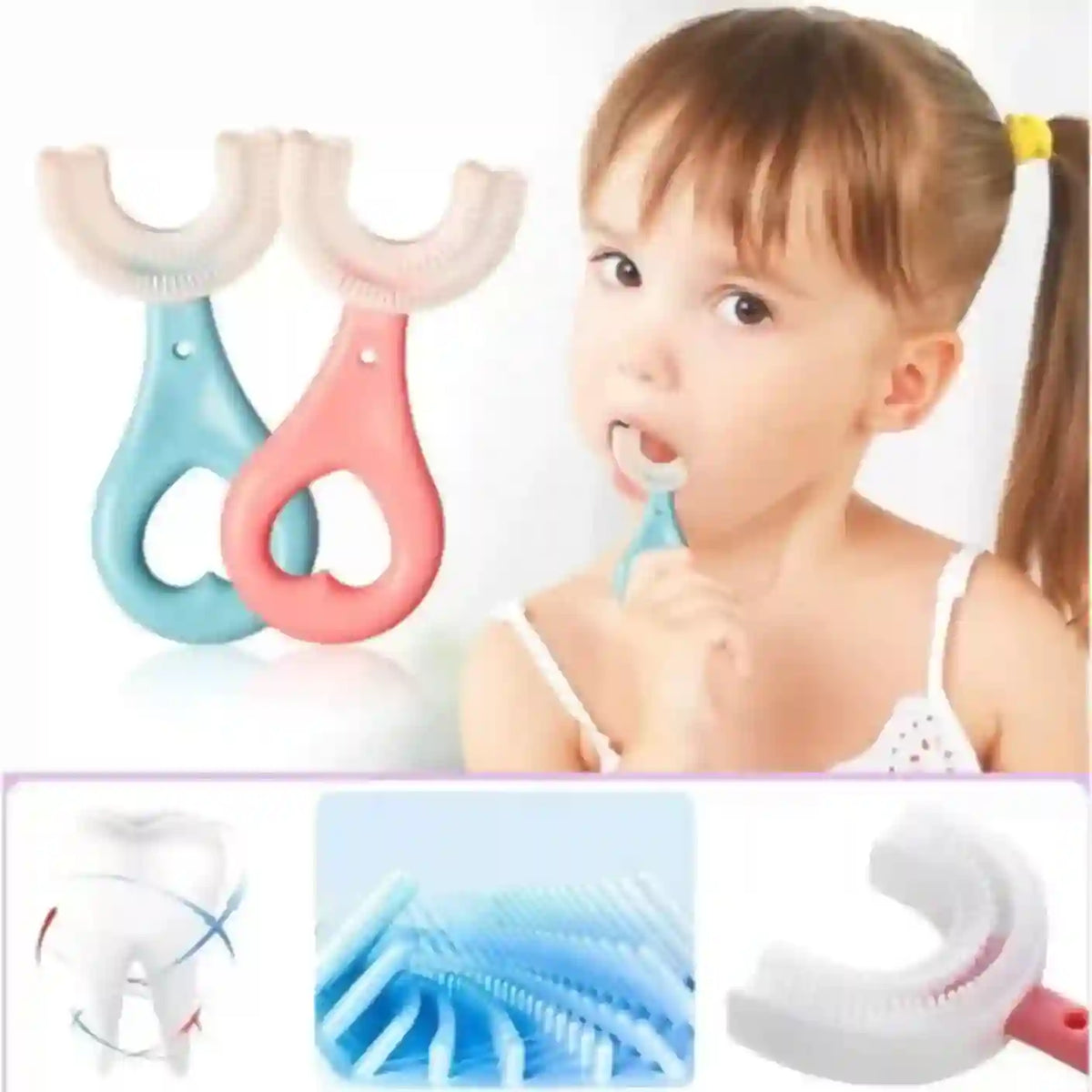 Child using a blue and pink children's toothbrush with close-up details on a white background.