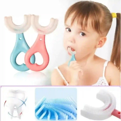 Child using a blue and pink children's toothbrush with close-up details on a white background.