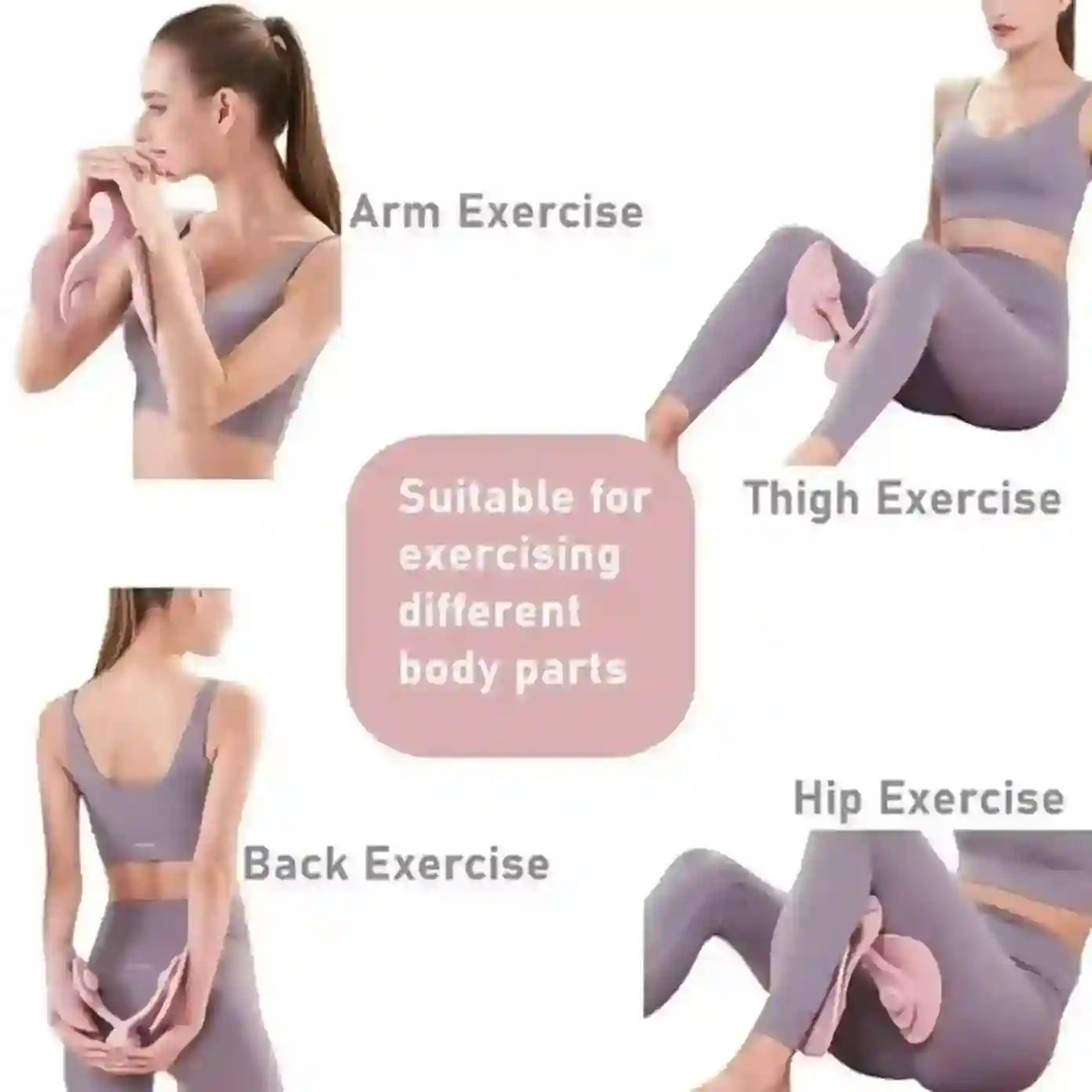Woman demonstrating arm, thigh, back, and hip exercises in a fitness context.
