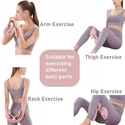 Woman demonstrating arm, thigh, back, and hip exercises in a fitness context.