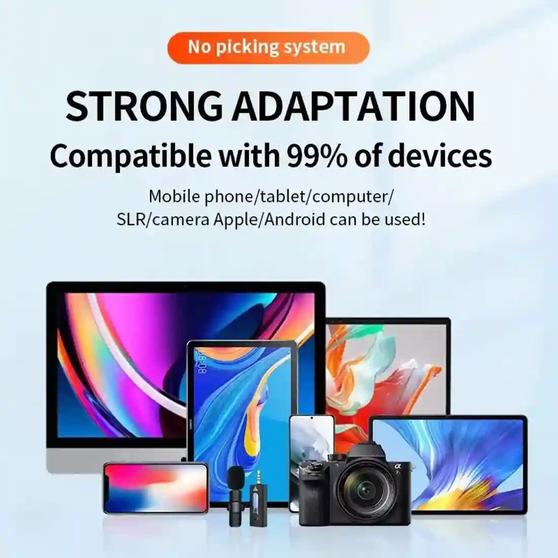 Advertisement for a device compatibility system with various electronic devices on a light blue background.