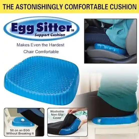 Blue Egg Sitter support cushion with features highlighted on a yellow background