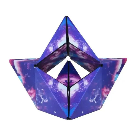 Geometric polyhedron with a galaxy-themed design on a white background