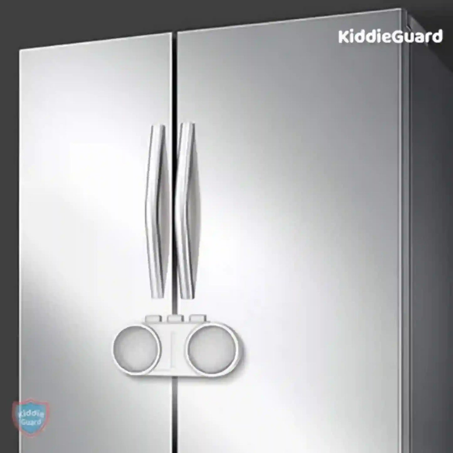 Silver refrigerator with KiddieGuard branding on a gray background