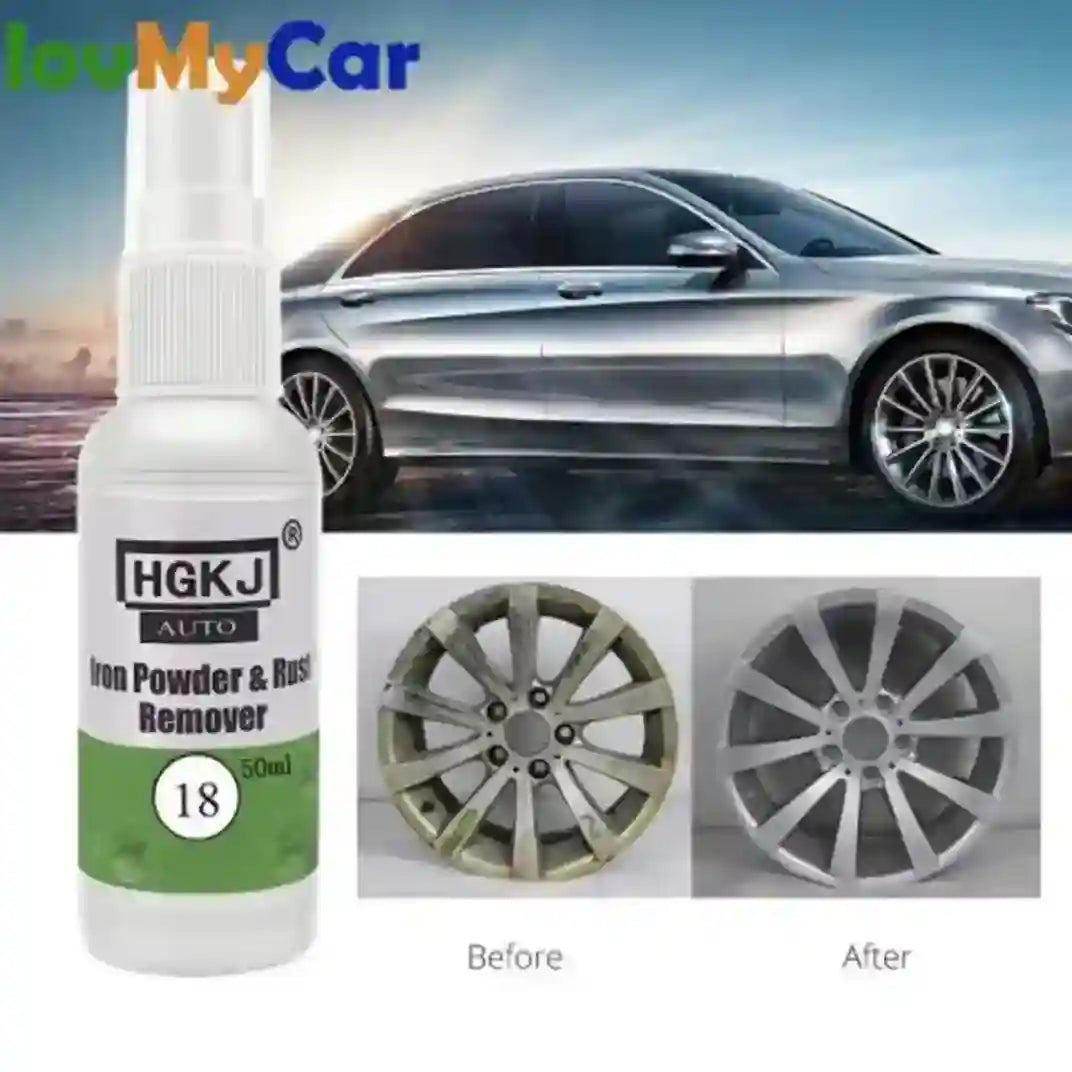 HGKJ Auto Iron Powder & Rust Remover bottle with car and wheel before/after images on a scenic background.