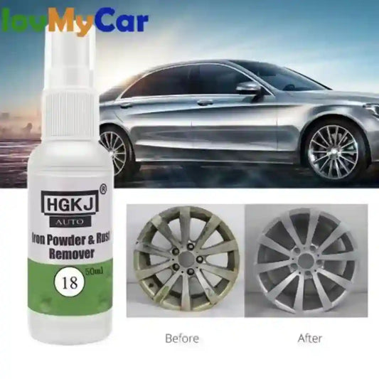 HGKJ Auto Iron Powder & Rust Remover bottle with car and wheel before/after images on a scenic background.