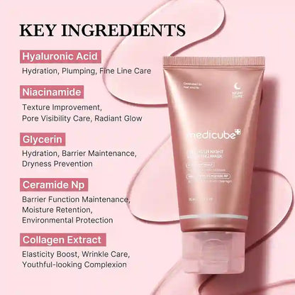 Skincare product with key ingredients listed on a pink background