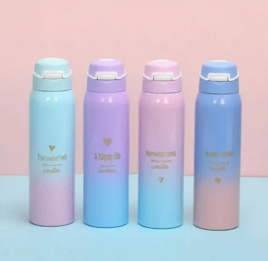 Four gradient-colored water bottles with text on a pink and blue background