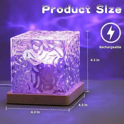 Cube-shaped LED lamp with purple light, dimensions, and rechargeable feature displayed.