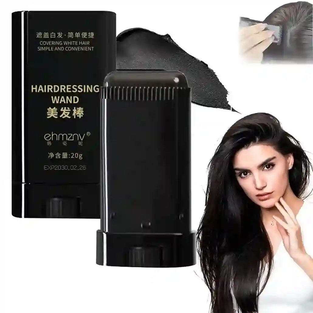 Hairdressing wand with packaging and a woman with styled hair on a white background