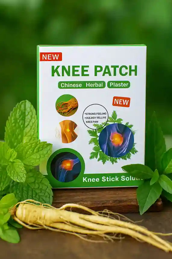 Knee Patch packaging with Chinese herbal elements on a green background