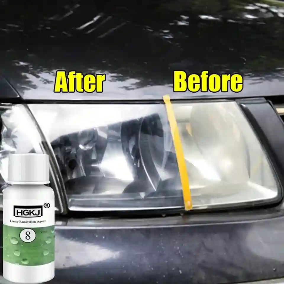 Car headlight before and after treatment with HGKJ product.