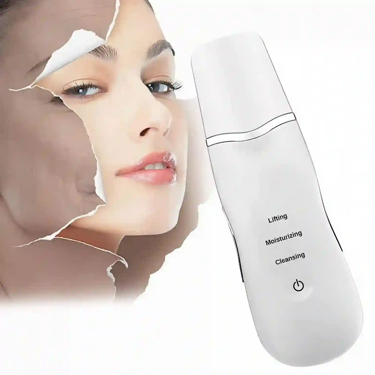 Skincare device with text on a white background