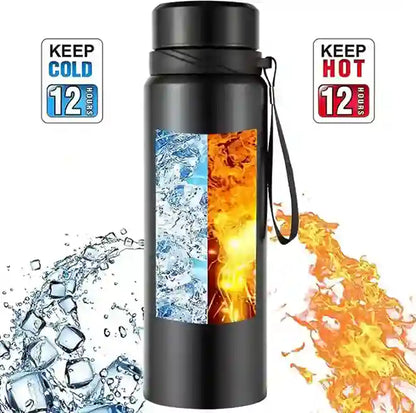 Black insulated bottle with temperature graphics of ice and fire, on a white background