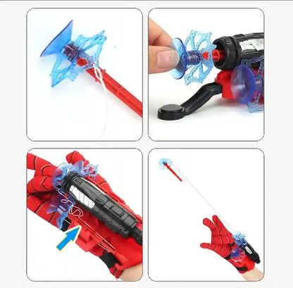 Toy bow and arrow set with blue and red components, including a hand-held bow and arrow, and a red and black glove with a bow.