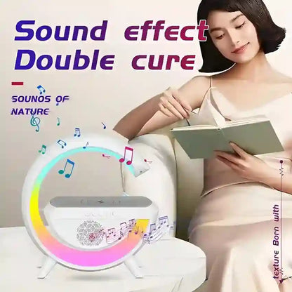 Woman reading a book with a device labeled 'Sound effect Double cure' and 'Sounds of Nature' on a light background.