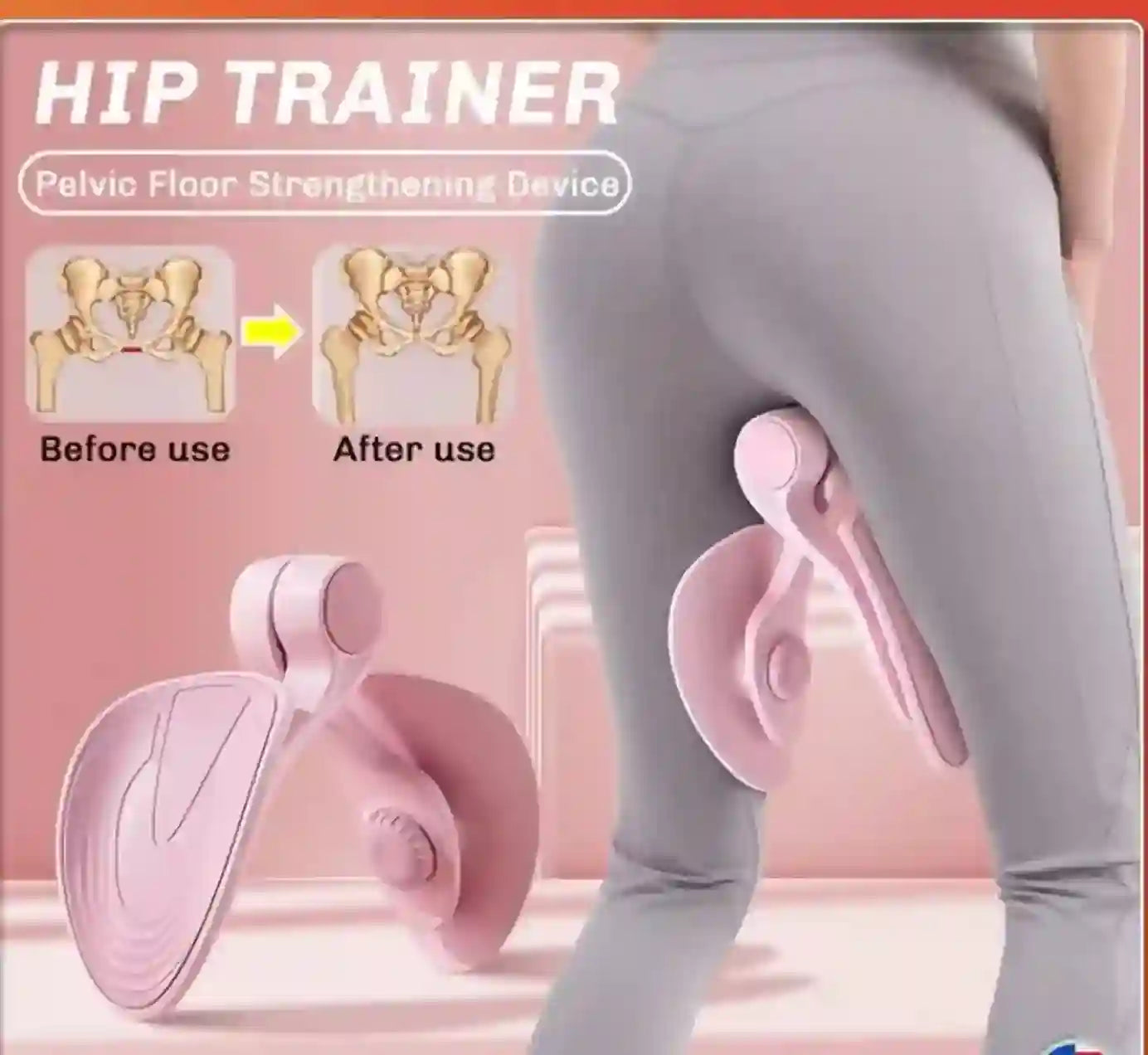 Pink hip trainer device with before and after illustrations on a pink background