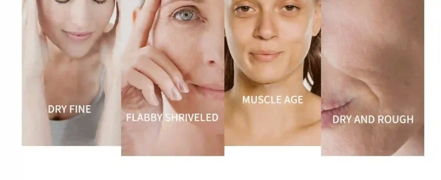 Facial skin conditions labeled as 'Dry Fine', 'Flabby Shriveled', 'Muscle Age', and 'Dry and Rough'.