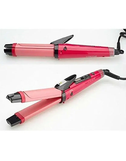 Two pink hair straighteners on a white background