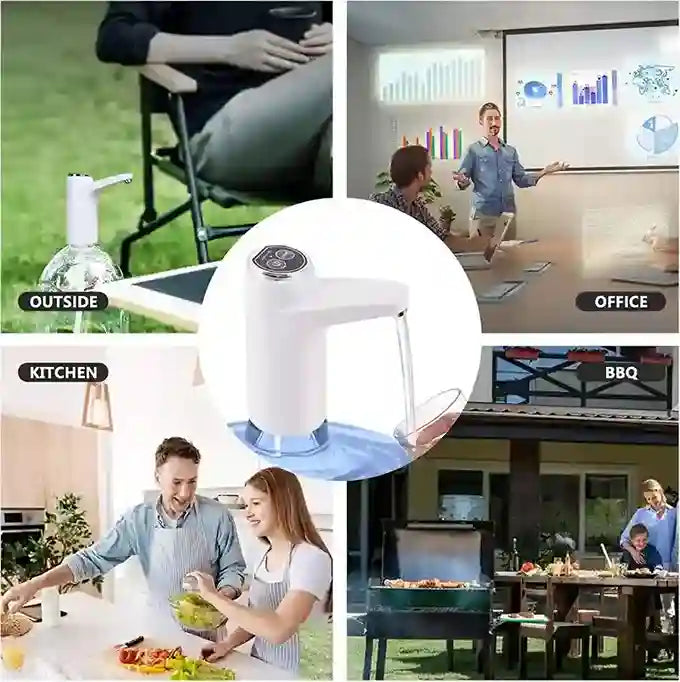 Collage of a white electronic device labeled 'Outside', 'Office', 'Kitchen', and 'BBQ' with various scenes.