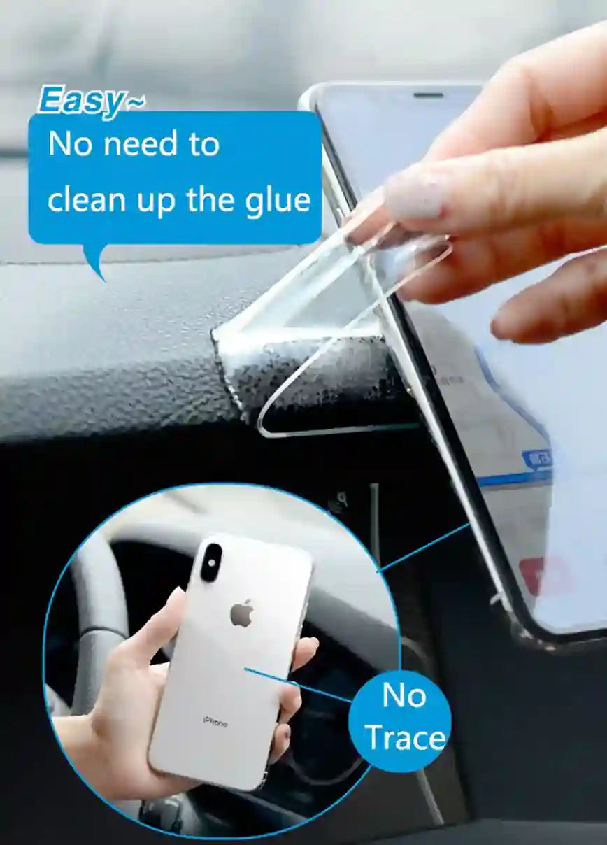 Person applying a clear adhesive film to a phone with text indicating no need for glue cleanup.