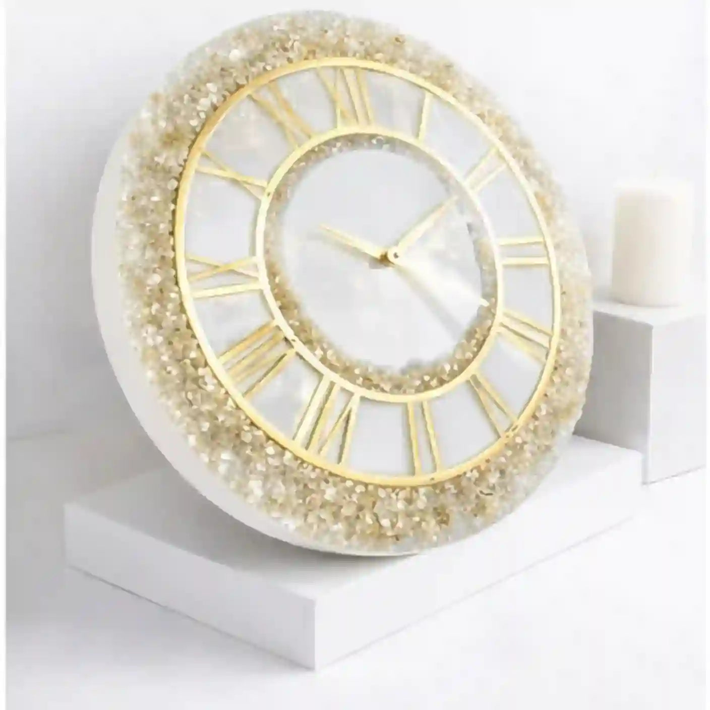 Mehmat Collection White Fire Glass Decorative clock with gold Roman numerals on a white surface
