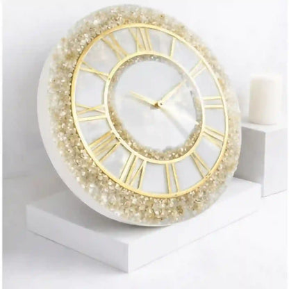 Mehmat Collection White Fire Glass Decorative clock with gold Roman numerals on a white surface