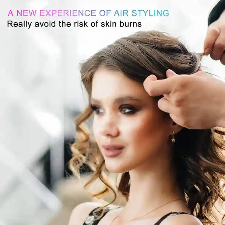 Woman with styled hair being adjusted by a hand, with text about air styling.