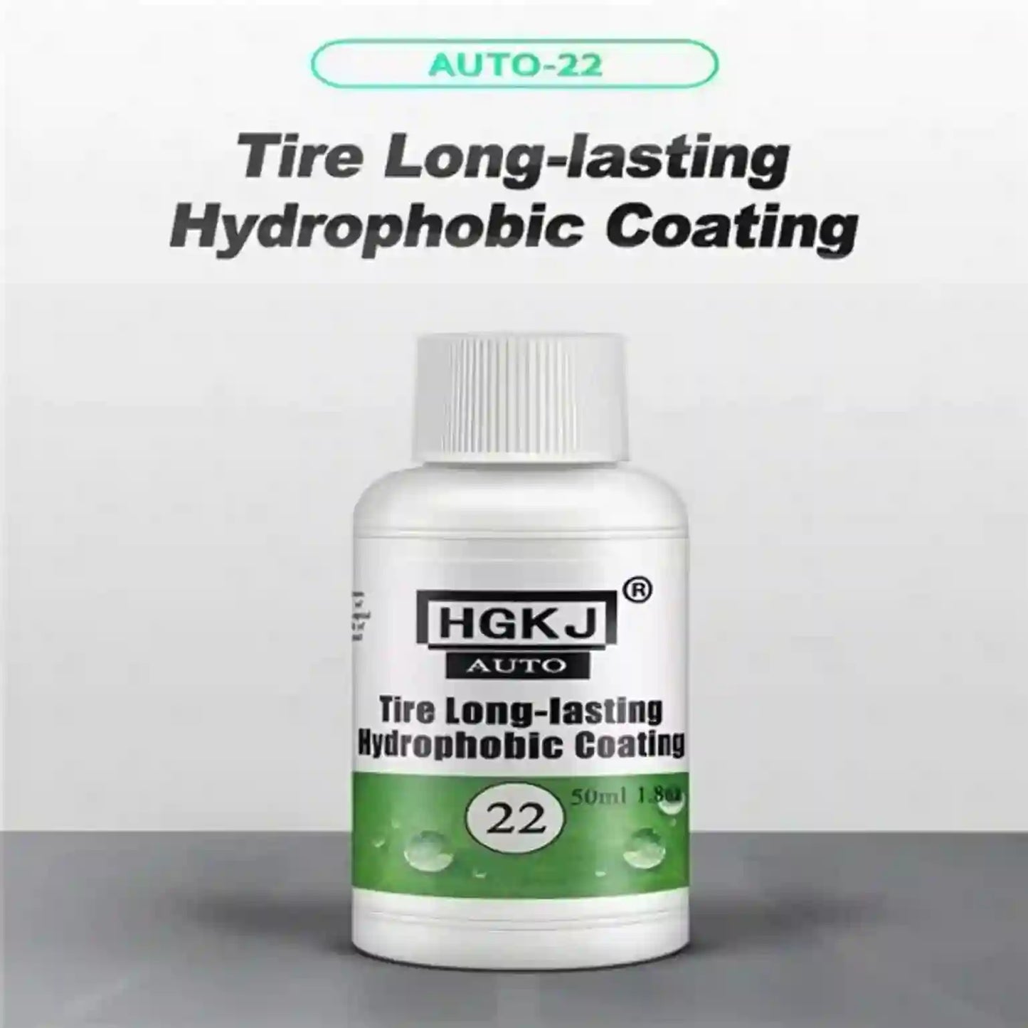 Bottle of tire long-lasting hydrophobic coating with HGKJ AUTO branding on a gray background