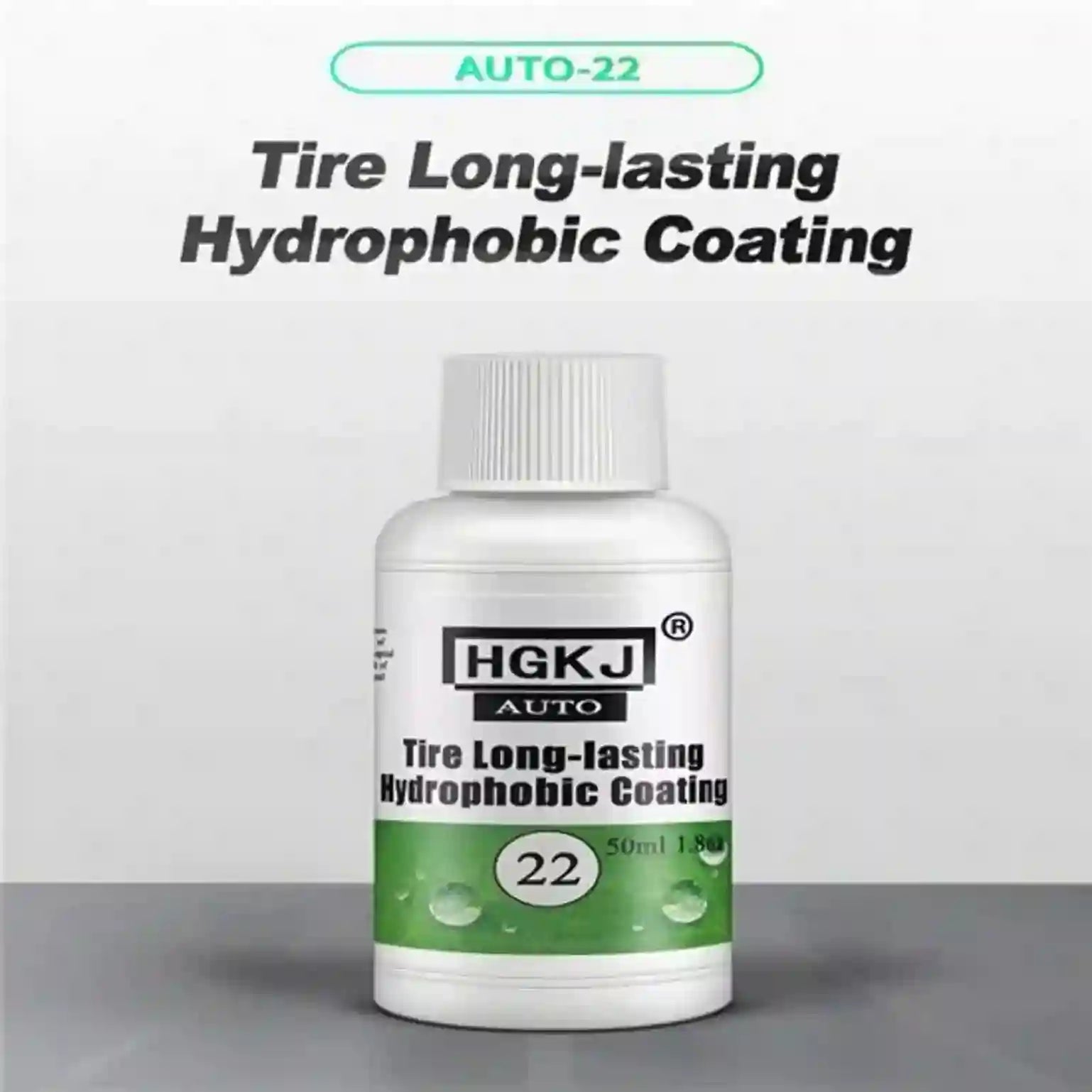 Bottle of tire long-lasting hydrophobic coating with HGKJ AUTO branding on a gray background