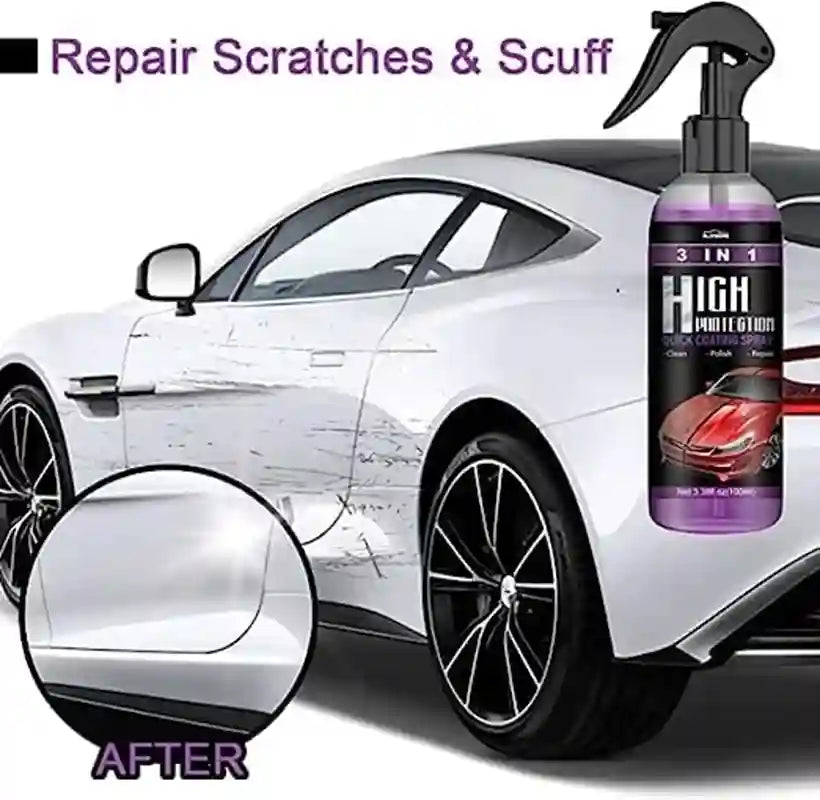 Car with a spray bottle labeled 'High Polish Guard' and text 'Repair Scratches & Scuff' on a white background.