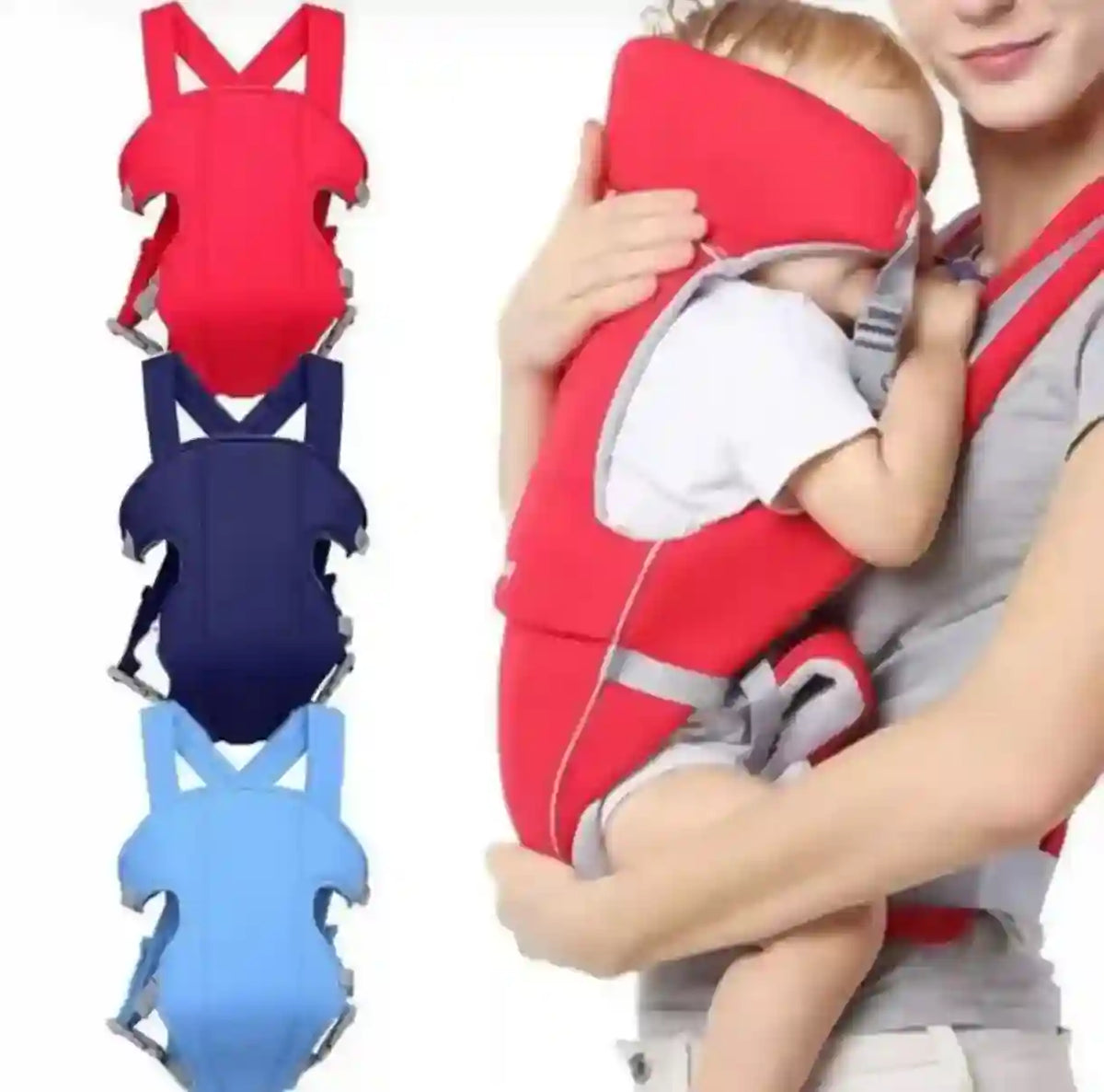 Baby carrier with a child being held, surrounded by three color options on a white background.
