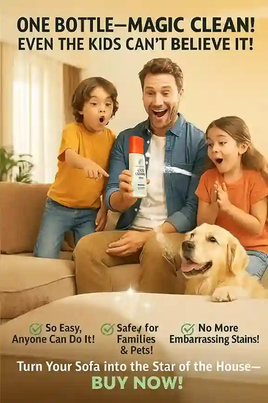 Man holding a bottle with children and a dog on a couch, promoting cleaning product.