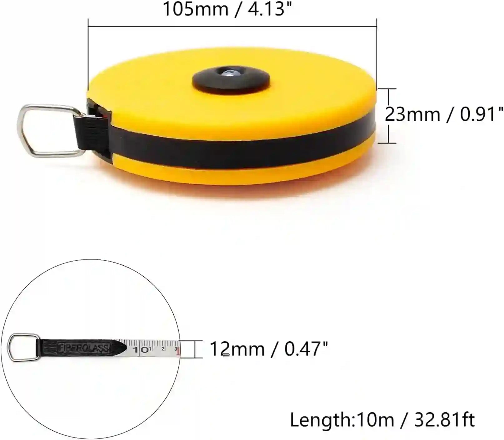 Yellow tape measure with black band and measurements on a white background
