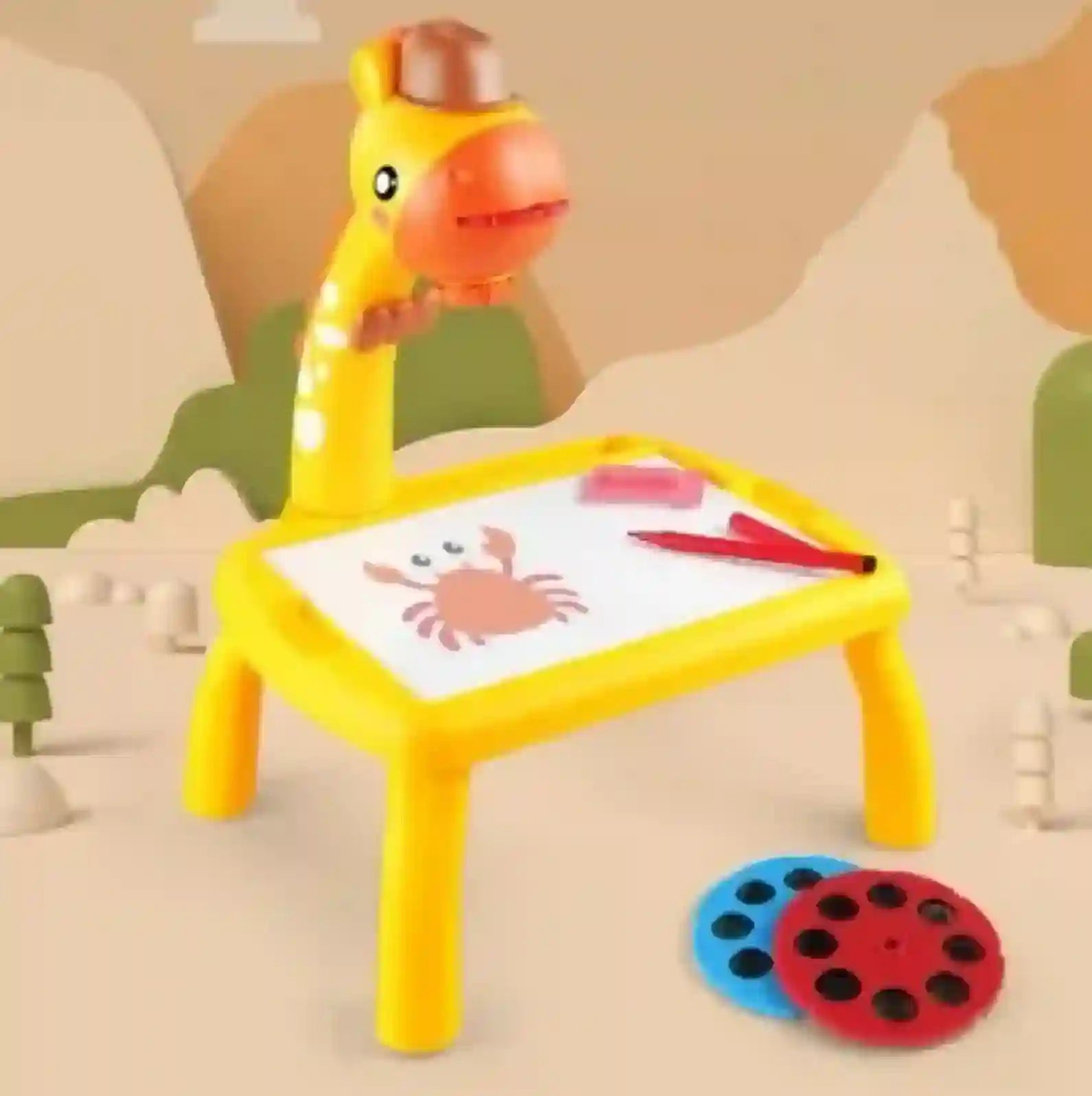 Toy giraffe with a drawing board and markers on a beige background