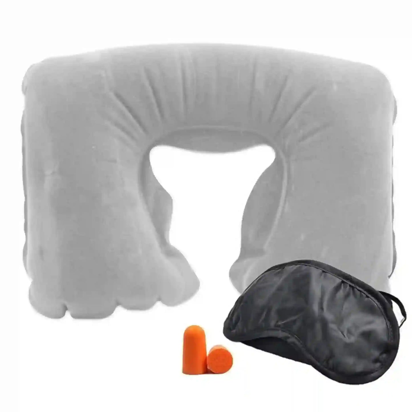 Gray inflatable travel pillow with orange earplugs and a black carrying case on a white background