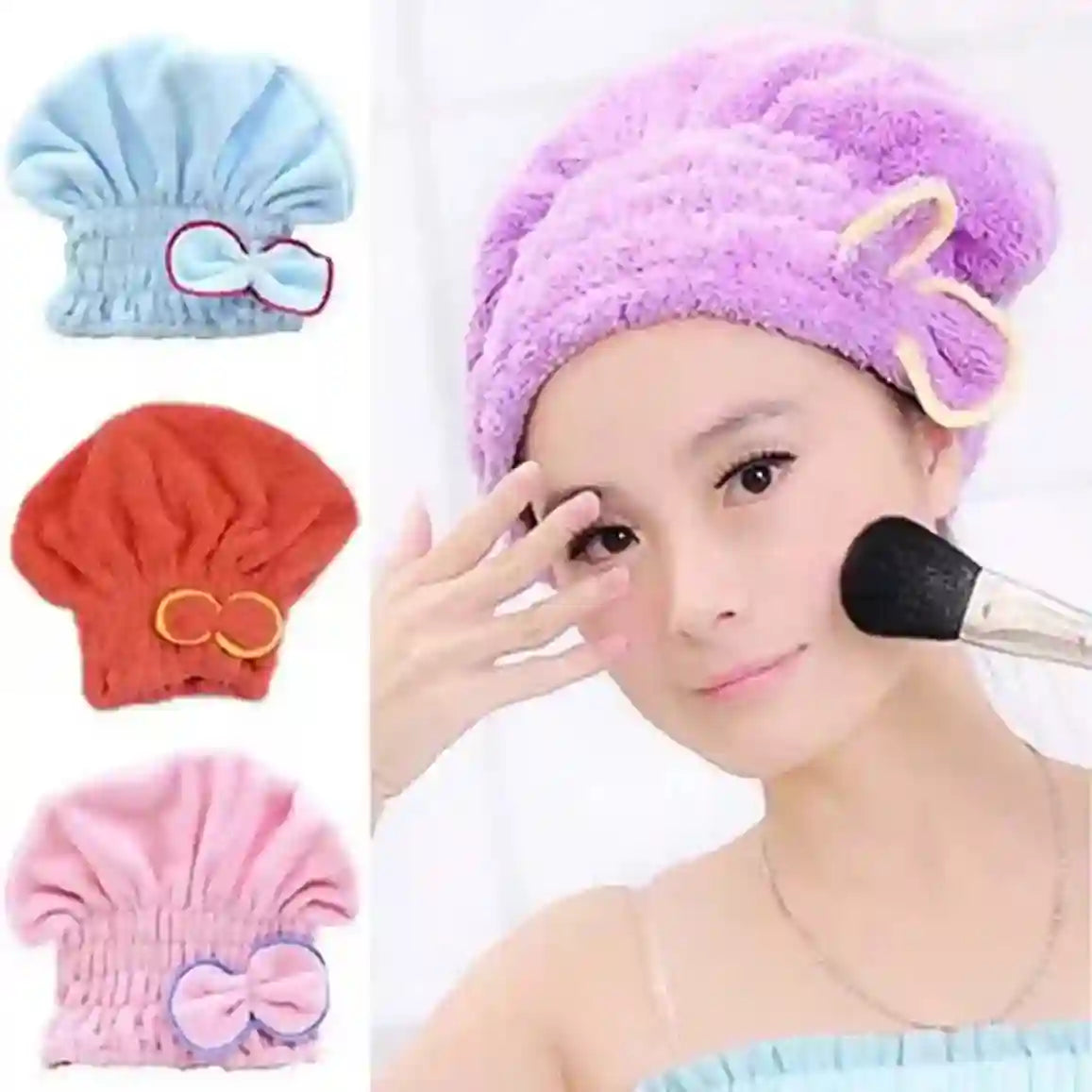 Woman applying makeup with a purple towel on her head, surrounded by blue, red, and pink towel options.