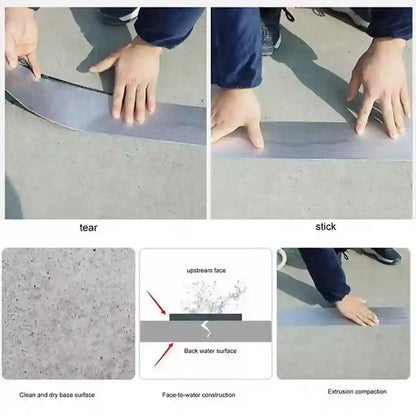 Step-by-step process of applying a waterproofing membrane with text labels.