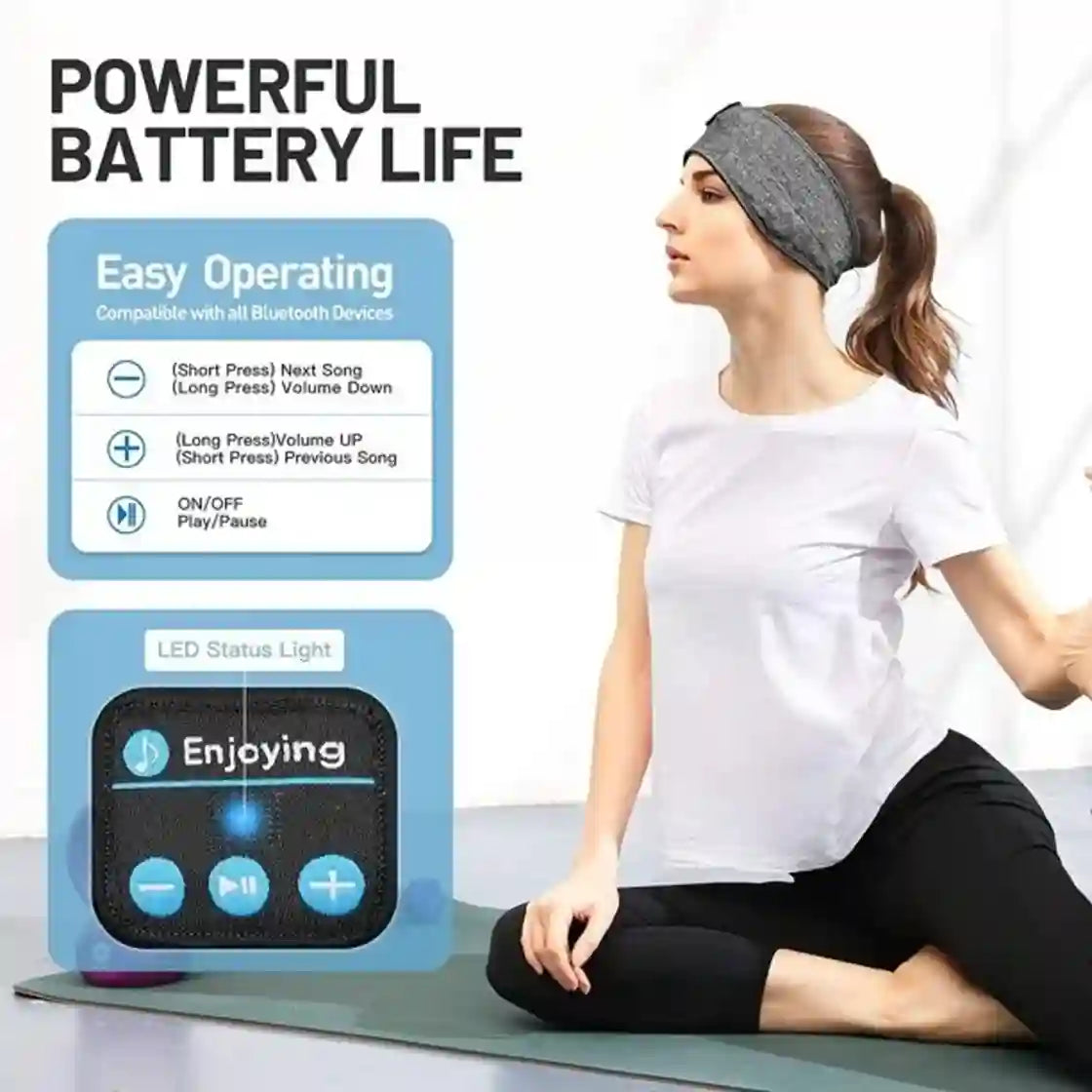 Woman wearing a sleep mask with Bluetooth control device on a white background