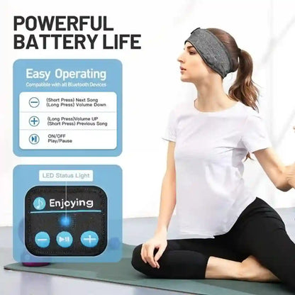 Woman wearing a sleep mask with Bluetooth control device on a white background