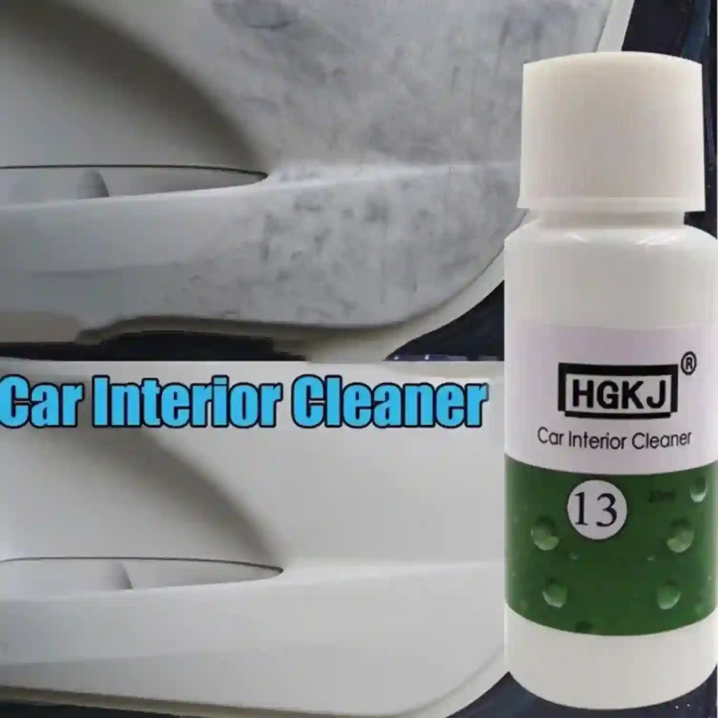 Car interior cleaner bottle with visible brand name on a car interior background