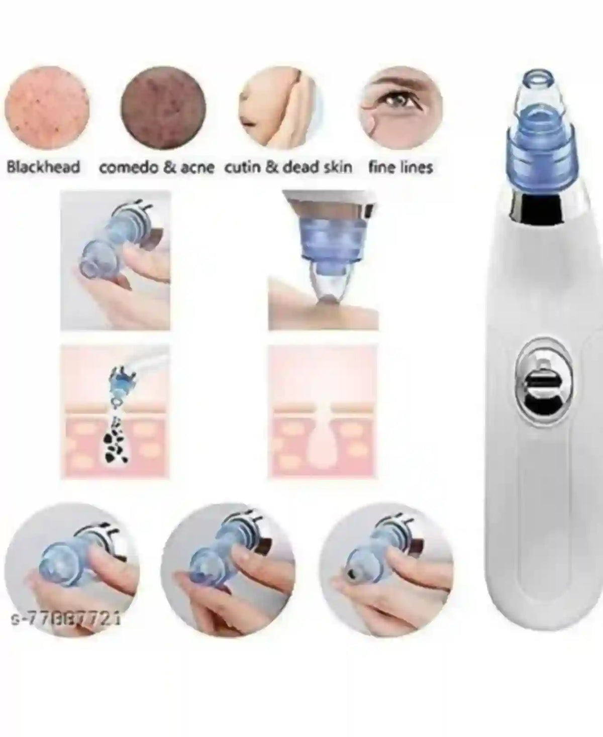 Facial cleansing device with usage illustrations on a white background