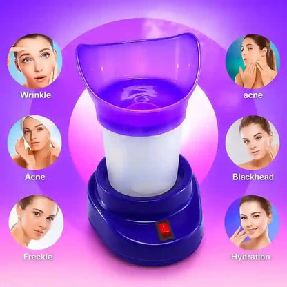 Facial steamer with purple light on a purple background with icons of skin concerns.