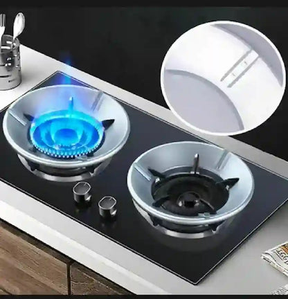 Gas stove with two burners and a close-up of one burner on a black background