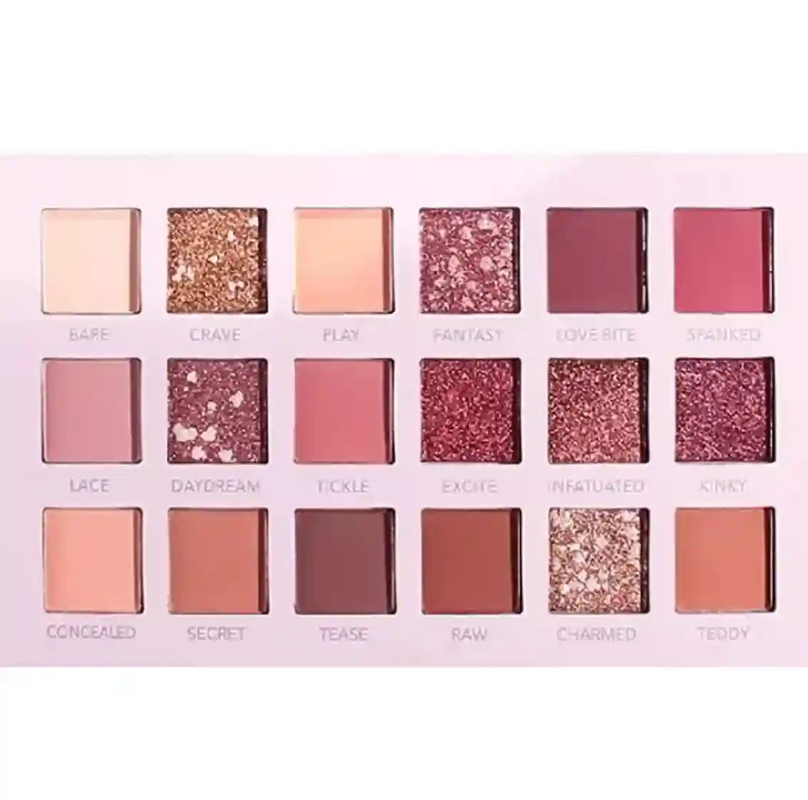 Makeup palette with various shades of pink and red on a light pink background