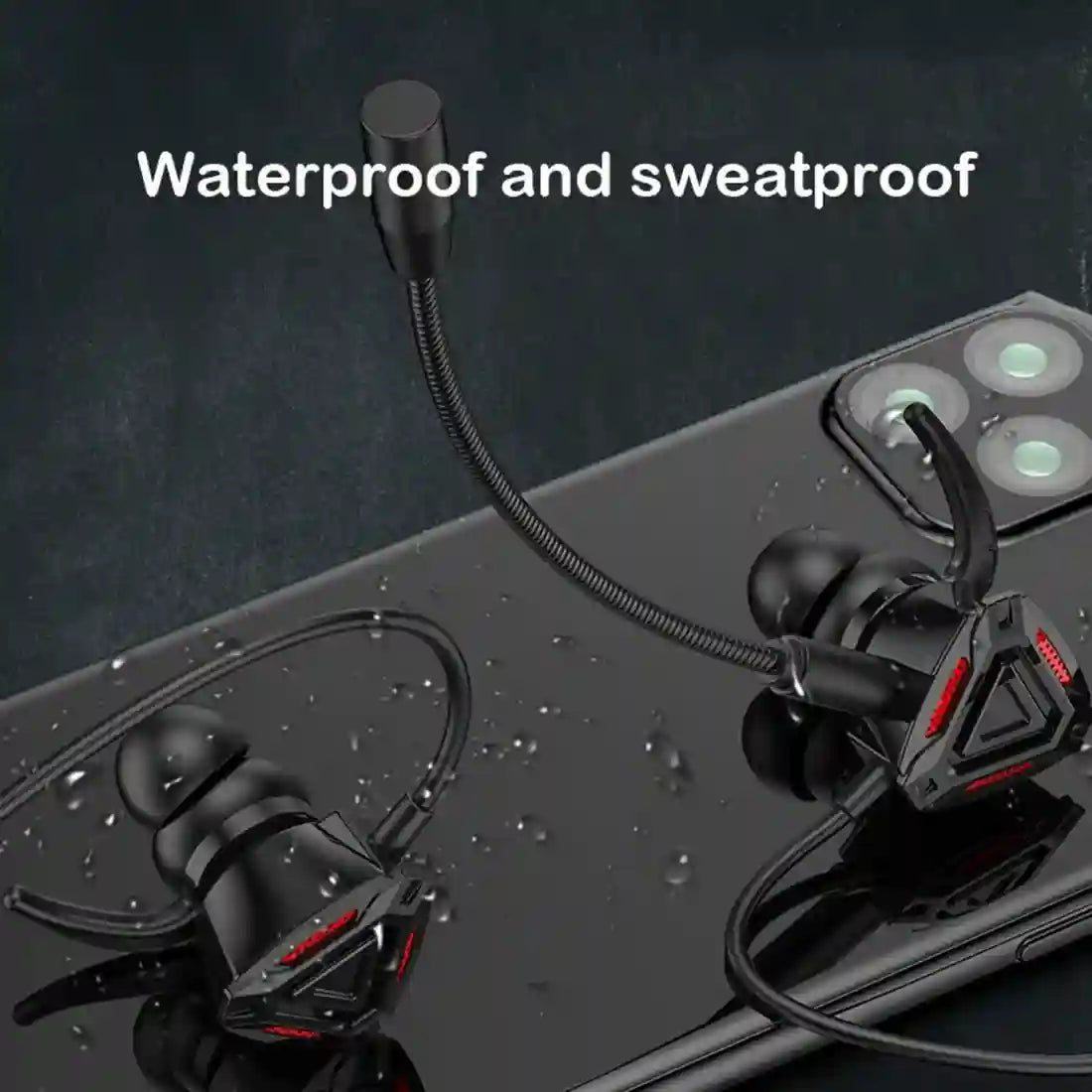Black earbuds with waterproof feature on a dark background