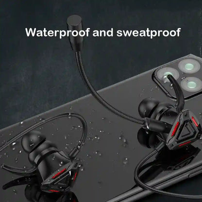 Black earbuds with waterproof feature on a dark background